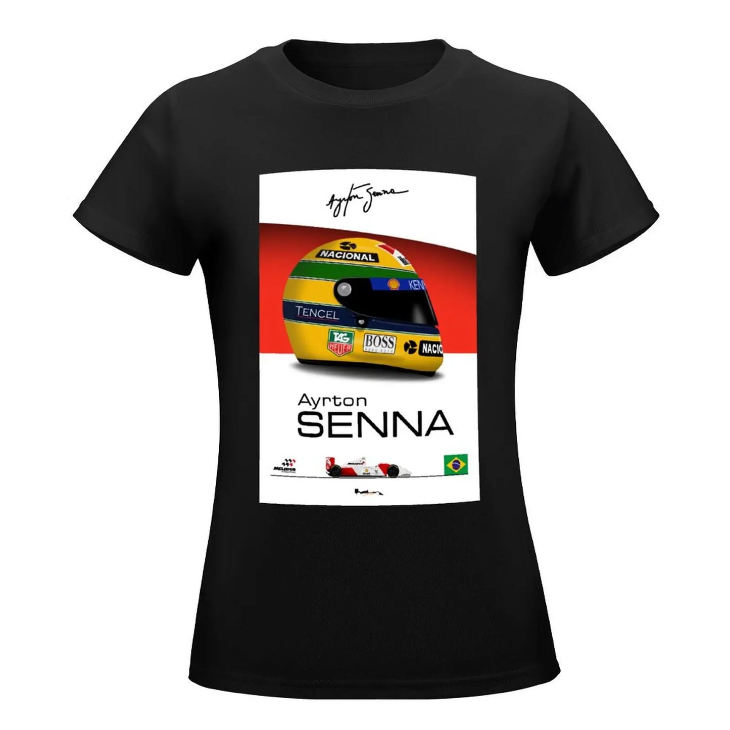 Ayrton Senna - 1993 - MP4/8 Helmet and car Print T-shirt anime clothes hippie clothes plain t shirts for Women