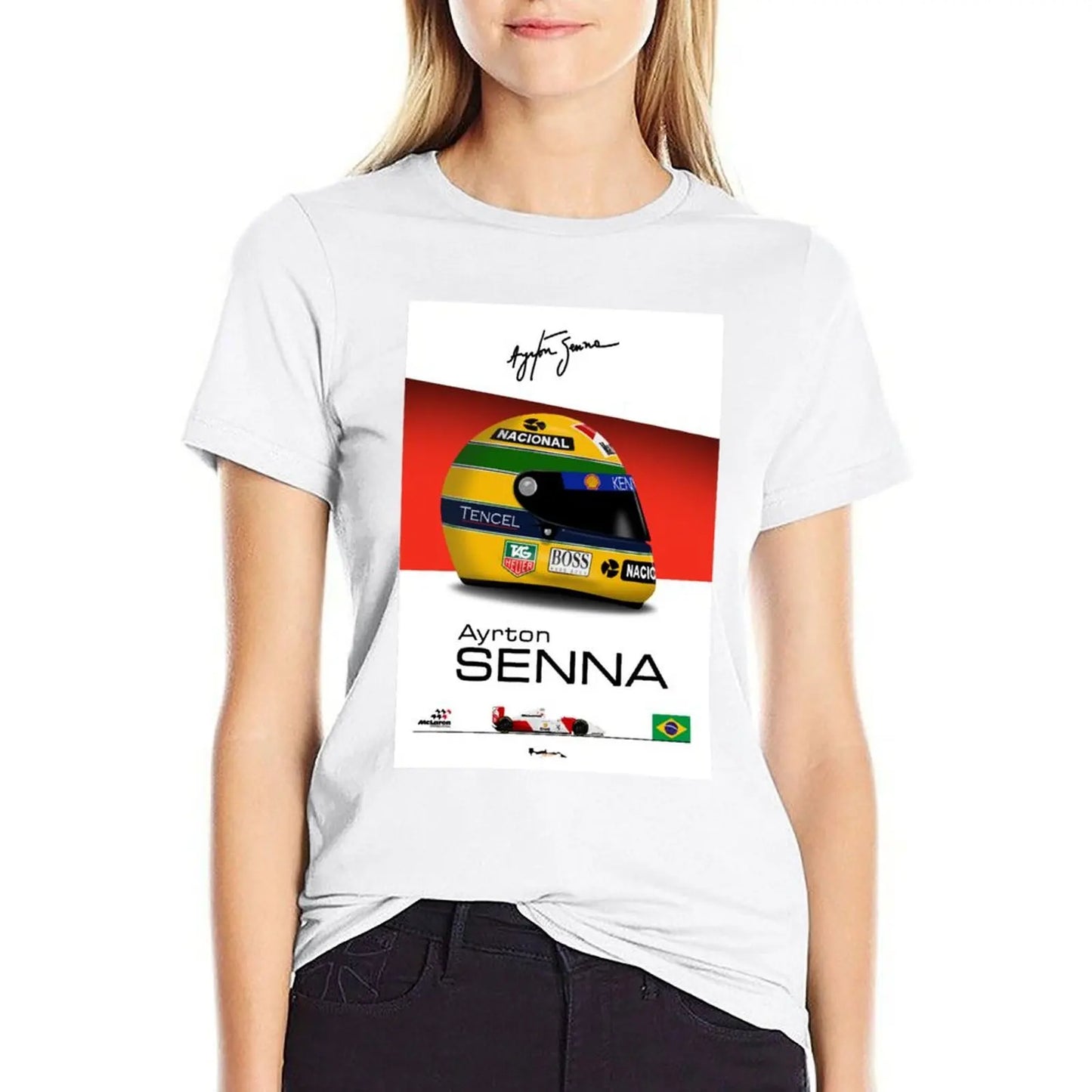 Ayrton Senna - 1993 - MP4/8 Helmet and car Print T-shirt anime clothes hippie clothes plain t shirts for Women