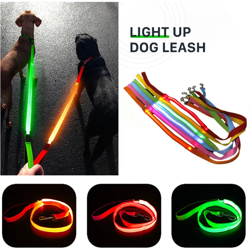 Correa LED brillante para perros, recargable por USB, con correas de nailon intermitentes. 3 modos de iluminación para mantener a tus mascotas seguras en la oscuridad.