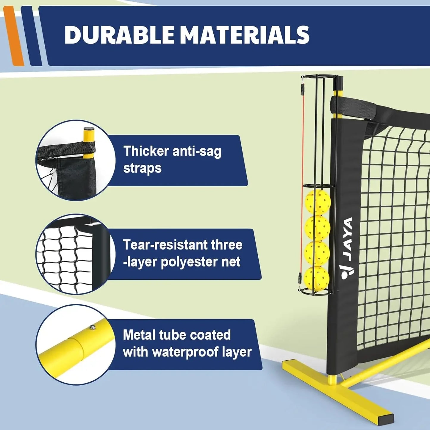 Portable Pickleball Net with Unique Ball Holder, IPF Standard 22FT, Steady Metal Frame, Easy Setup, Suitable for Backyards