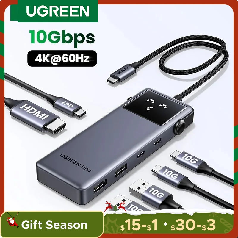 UGREEN Uno USB C HUB 6 en 1 4K60Hz PD100W 10Gbps Adaptador divisor USB3.2 para portátil Macbook Pro Air Estación de acoplamiento expansora USB