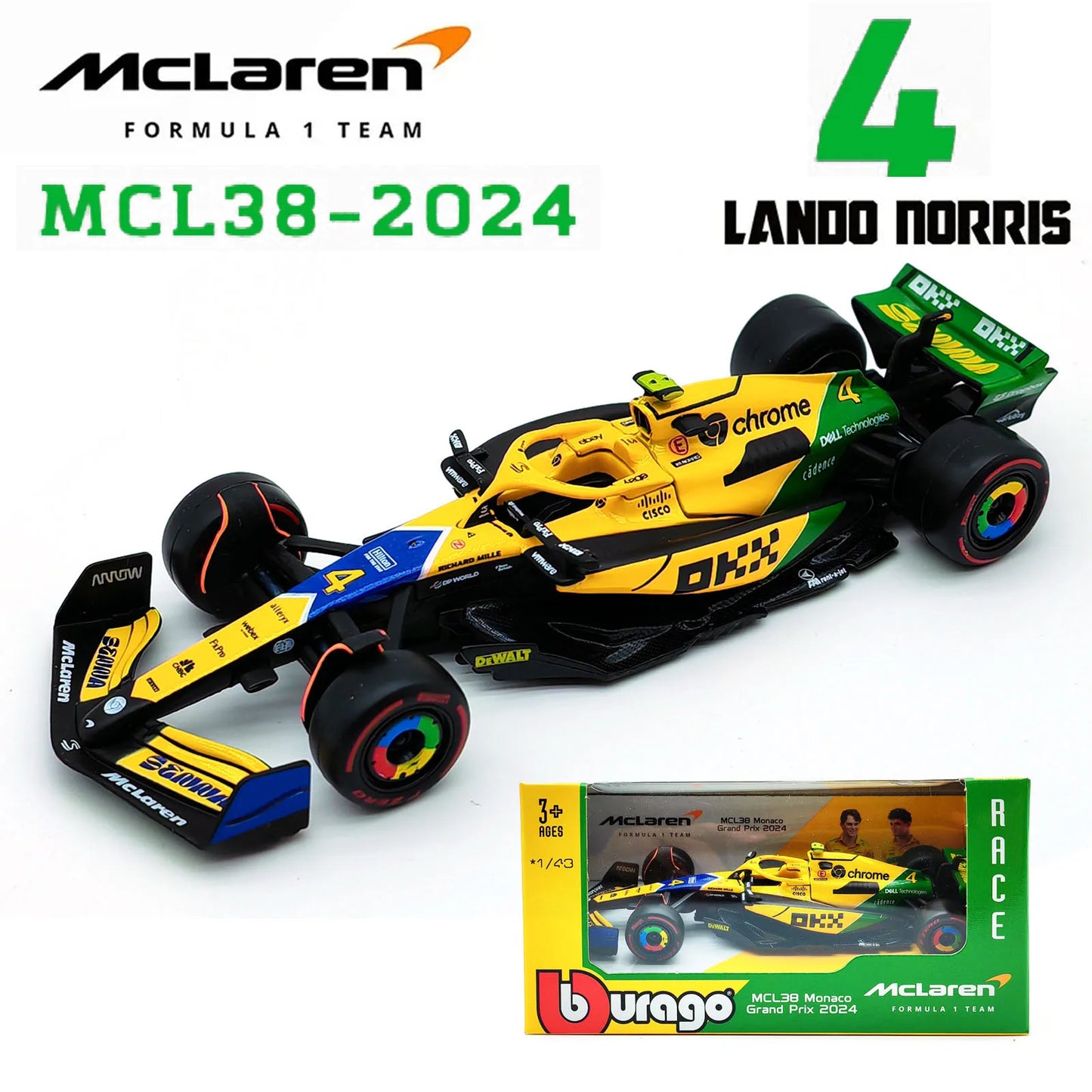 Bburago 1:43 2024 F1 SF24 W15 Mclaren MCL38 Monaco Grand Prix Alloy Car Diecast Model #4 Lando Norris #81 Oscar Piastri