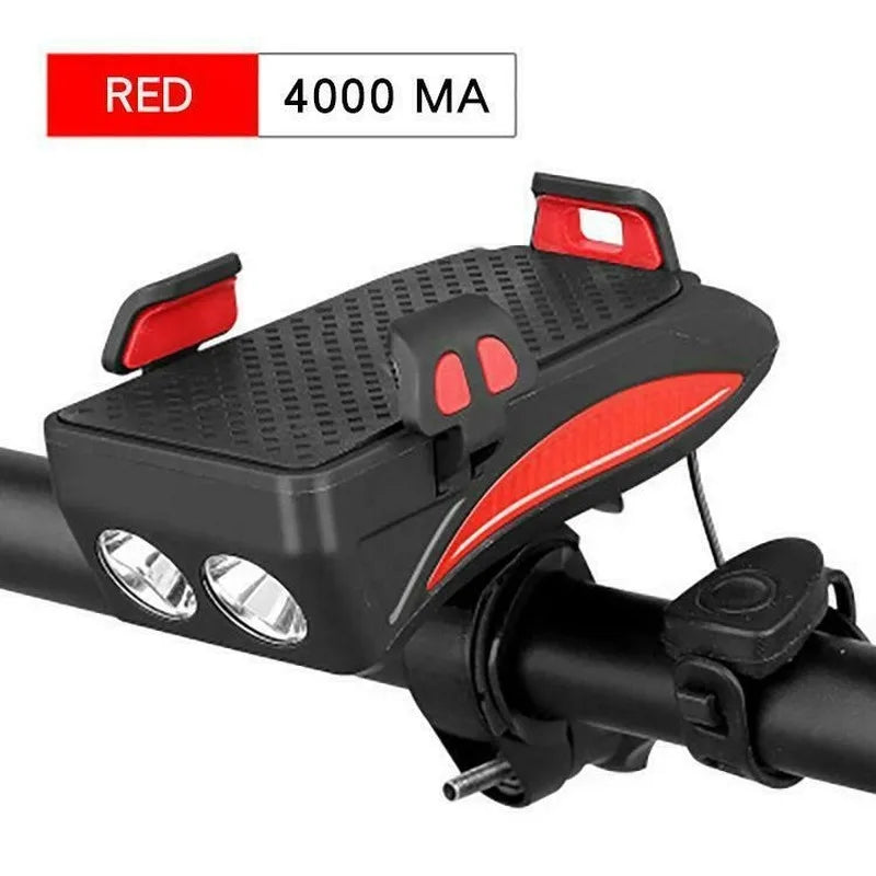 Luz LED frontal para bicicleta 5 en 1, 4000 mAh, recargable vía USB, con bocina solar, soporte para teléfono, linterna para bicicleta