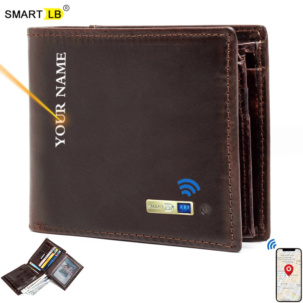 Smart Anti-lost Wallet -compatible Leather Short Credit Card Holders Male Coin Purse Genuine Leather Men Wallets Free engraving