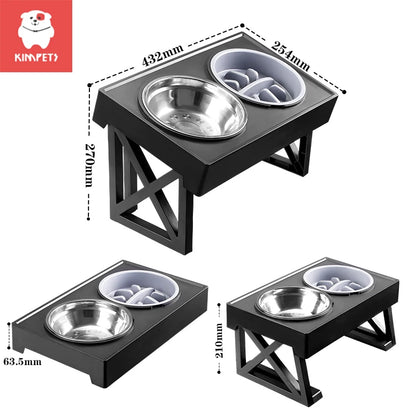 Kimpets Dogs Double Bowls Stand 3 Adjustable Height Pet Slow Feeding Dish Bowl Medium Big Dog Elevated Food Water Feeders Table