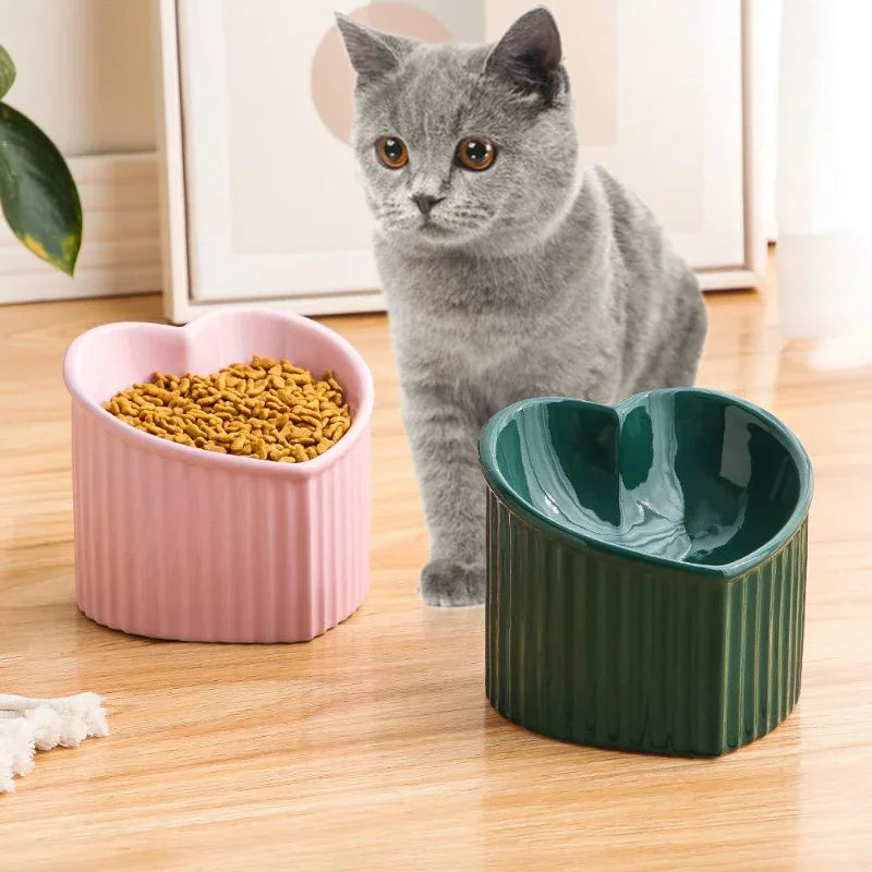 Ceramic Tilted Elevated Cat Bowl Heart Shape Anti Slip Cute for Cats Kitten Small Dogs Functional Width 14cm Handmade Pet Feeder