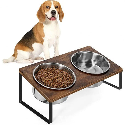 1 Set Elevated Pet Bowl Wood Double Compartments Cat Bowls Durable Dog Feeding Bowls With Stand Pet Feeder Accessories