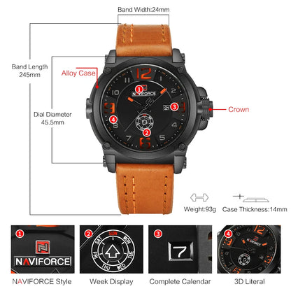 NAVIFORCE Top Luxury Brand Men Sports Military Quartz Watch Man Analog Date Clock Leather Strap Wristwatch Relogio Masculino