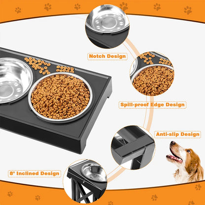 Kimpets Dogs Double Bowls Stand 3 Adjustable Height Pet Slow Feeding Dish Bowl Medium Big Dog Elevated Food Water Feeders Table