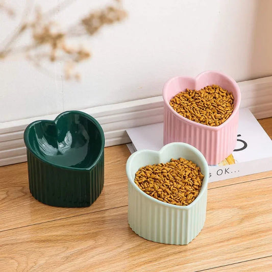 Ceramic Tilted Elevated Cat Bowl Heart Shape Anti Slip Cute for Cats Kitten Small Dogs Functional Width 14cm Handmade Pet Feeder