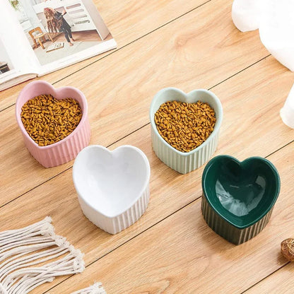 Ceramic Tilted Elevated Cat Bowl Heart Shape Anti Slip Cute for Cats Kitten Small Dogs Functional Width 14cm Handmade Pet Feeder